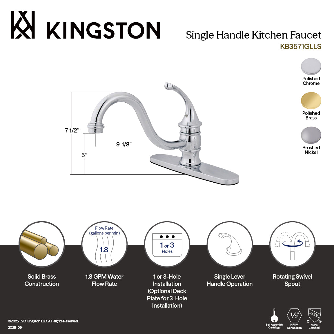 Kingston Tulare KB3578GLLS - Georgian Single-Handle 1-or-3 Hole Kitchen Faucet, Brushed Nickel — thumbnail 2